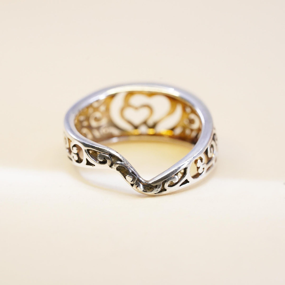 Size 6.5, Vintage sterling silver handmade ring, 925 filigree double heart band