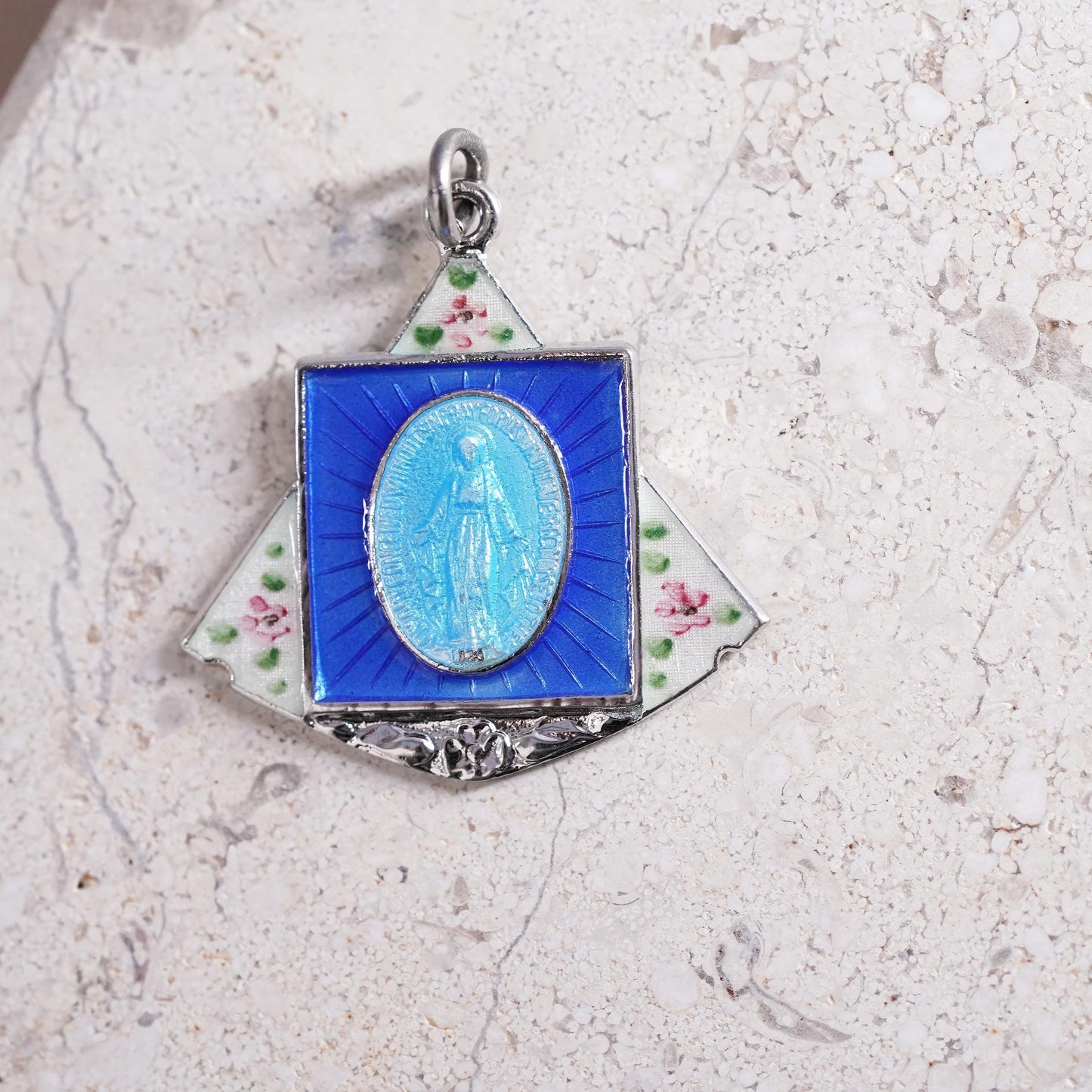 1950’s sterling 925 silver enamel miraculous Virgin Mary medal charm pendant