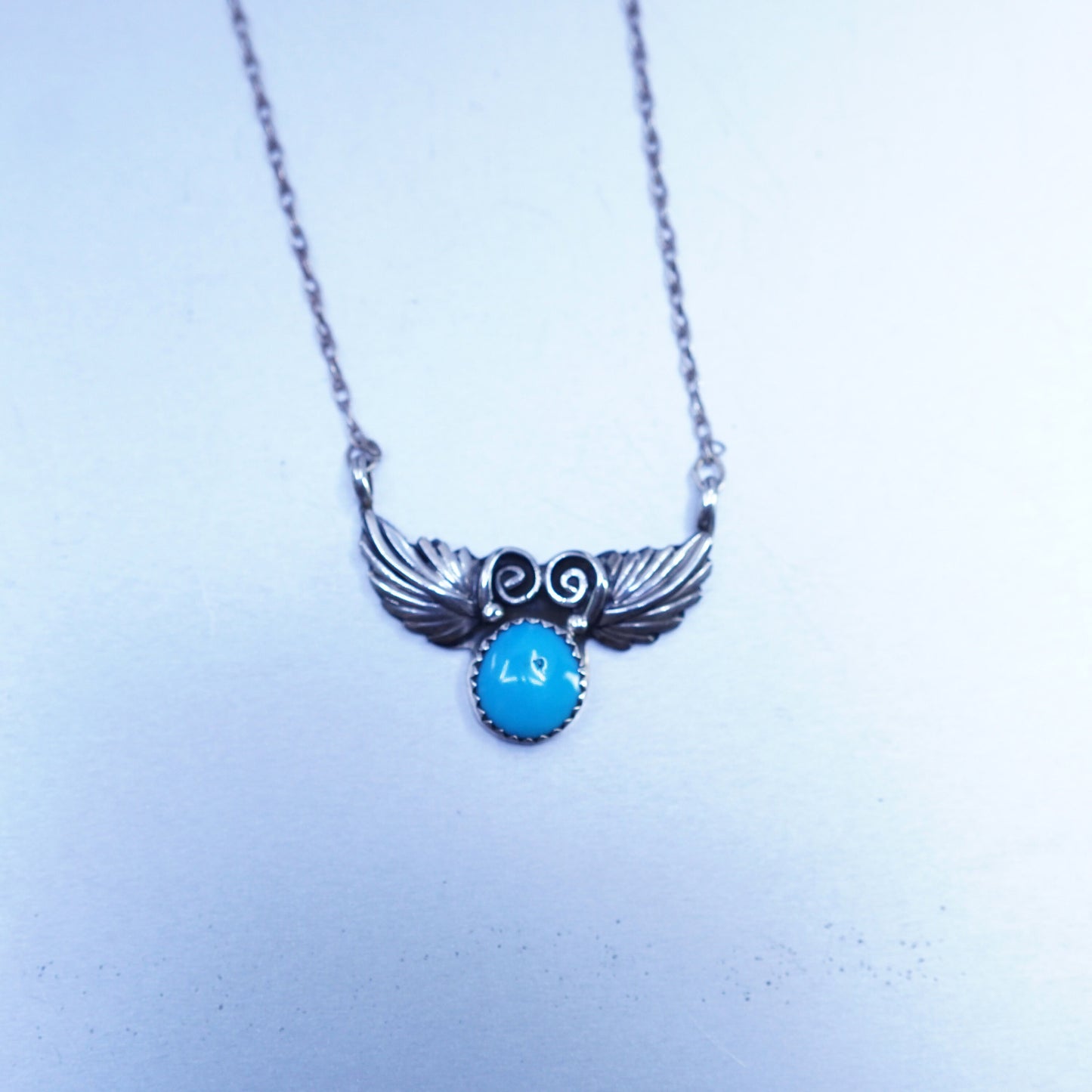 19”, native American Sterling 925 silver necklace turquoise feathery pendant