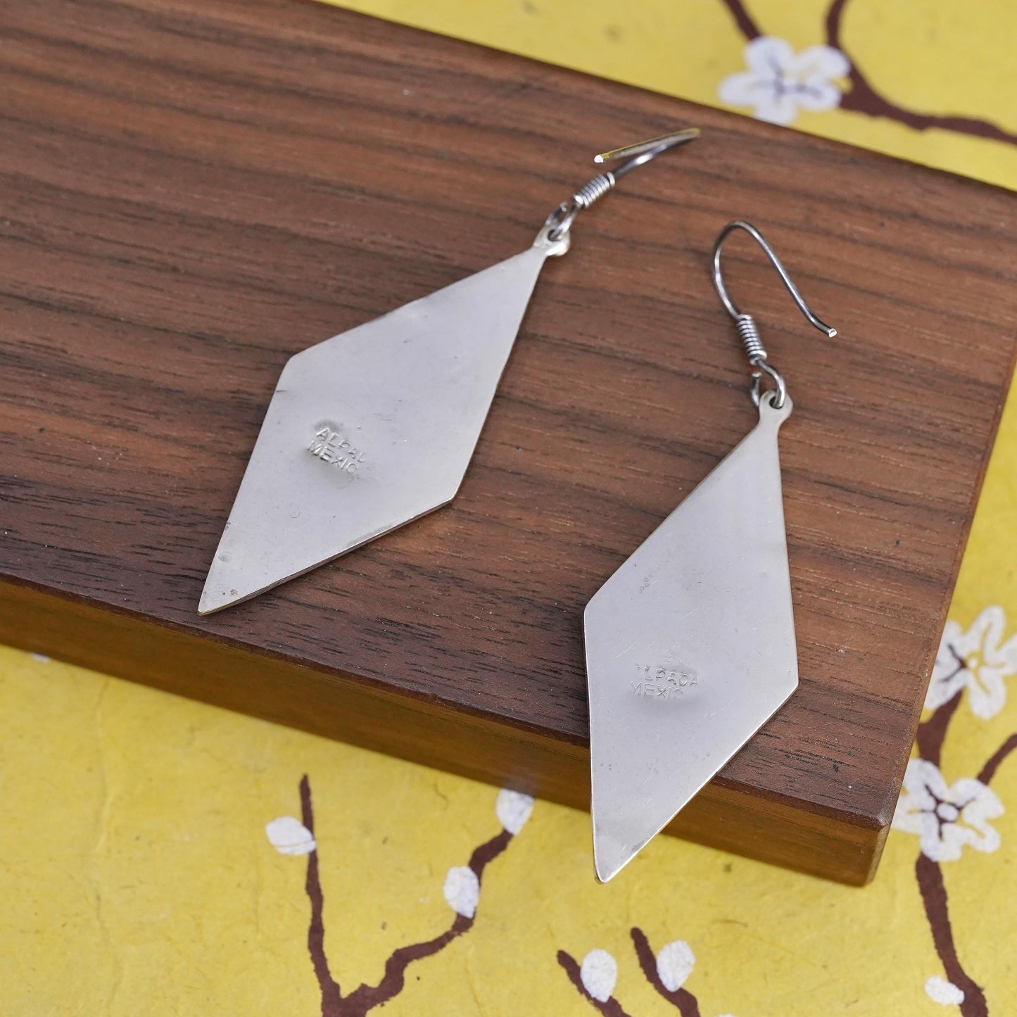 Vintage alpaca silver handmade earrings, diamond mother of pearl inlay dangles