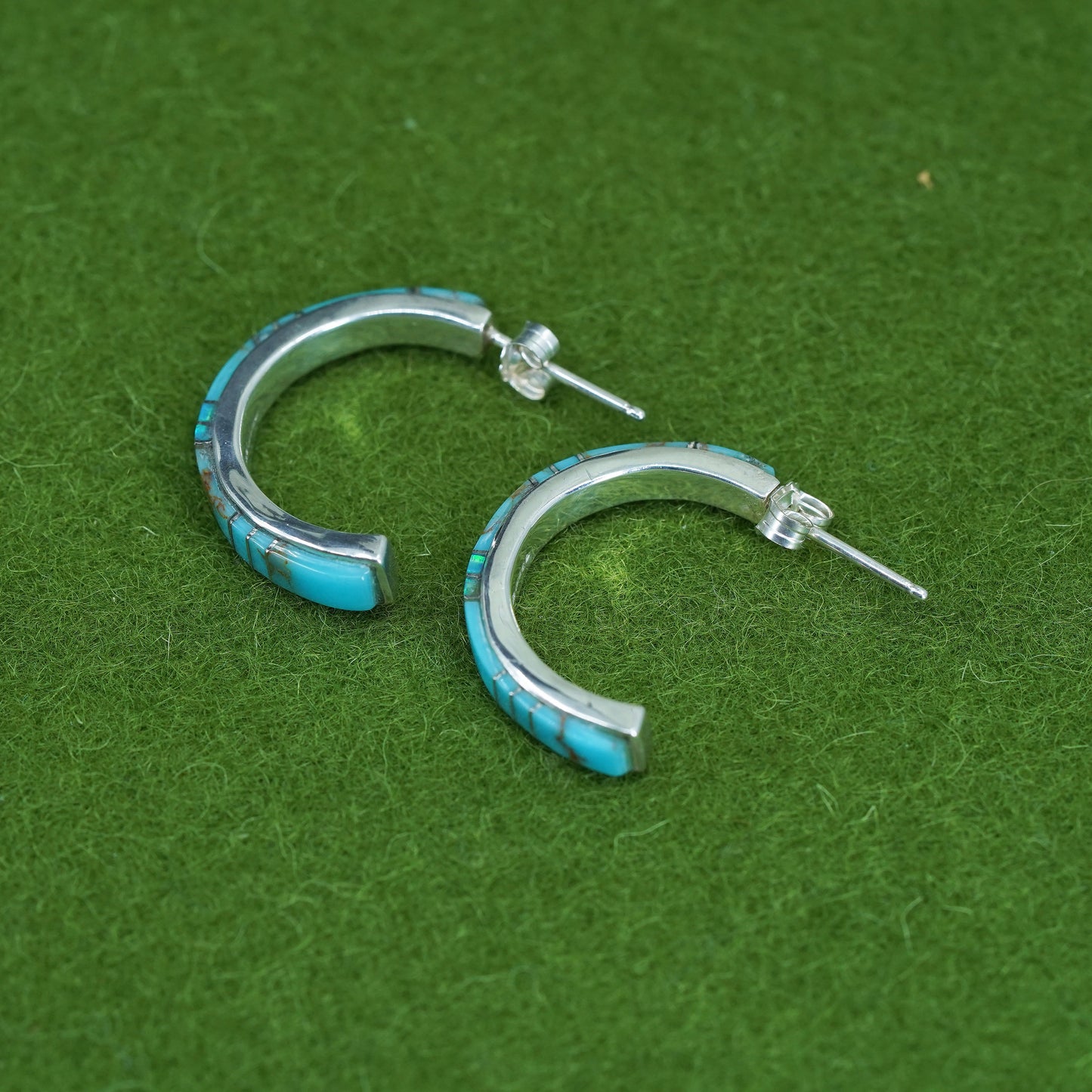 1”, Native American Sterling silver earrings, 925 huggie studs turquoise opal