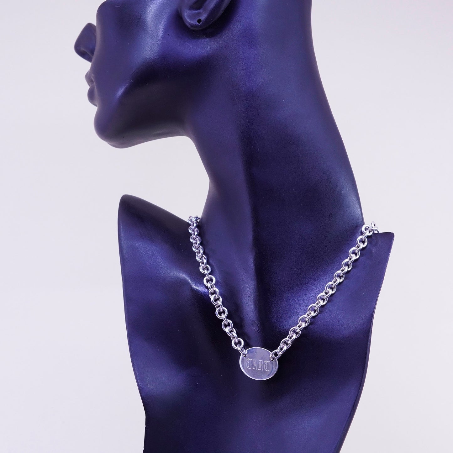 17” 7mm, vintage sterling silver handmade necklace, 925 circle chain with tag embossed “Dard” pendant, stamped 925 Italy