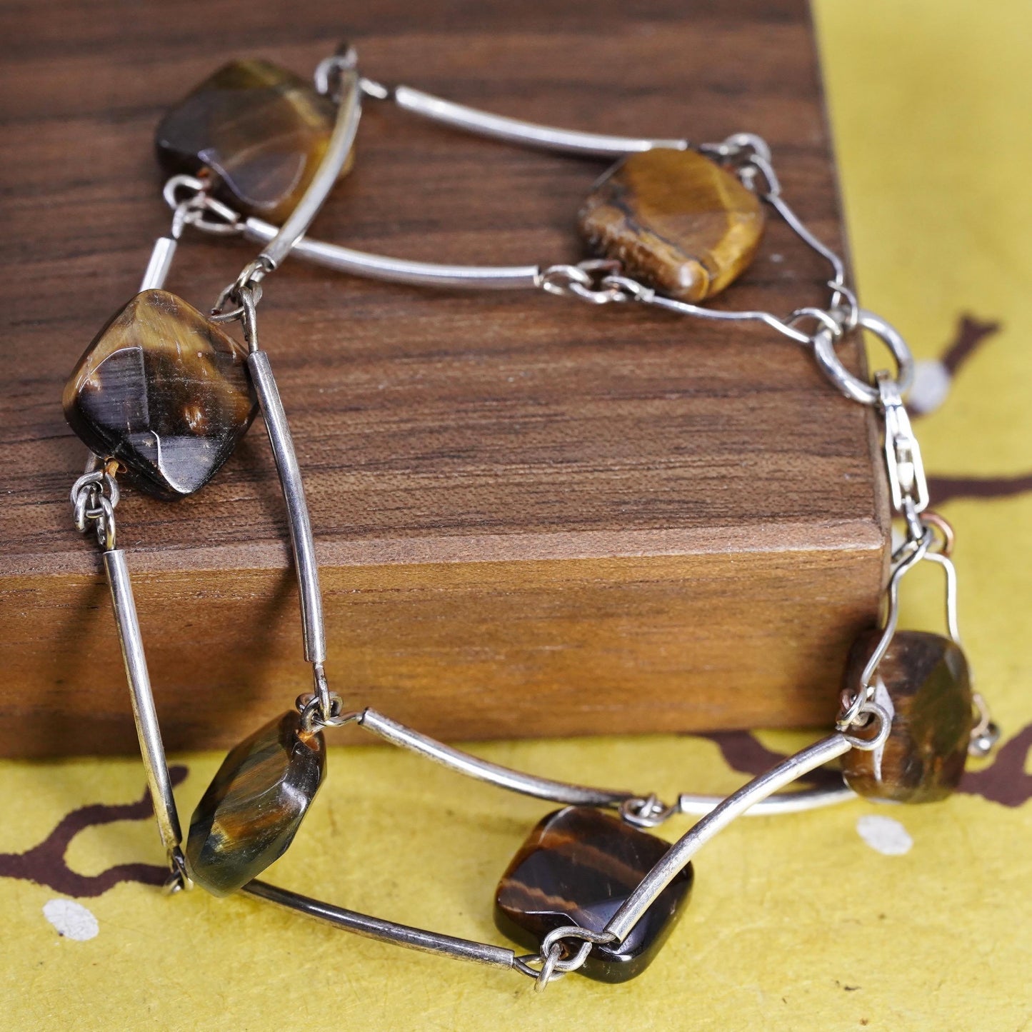 7", vintage 925 Sterling silver handmade bracelet, tube chain golden tiger eye