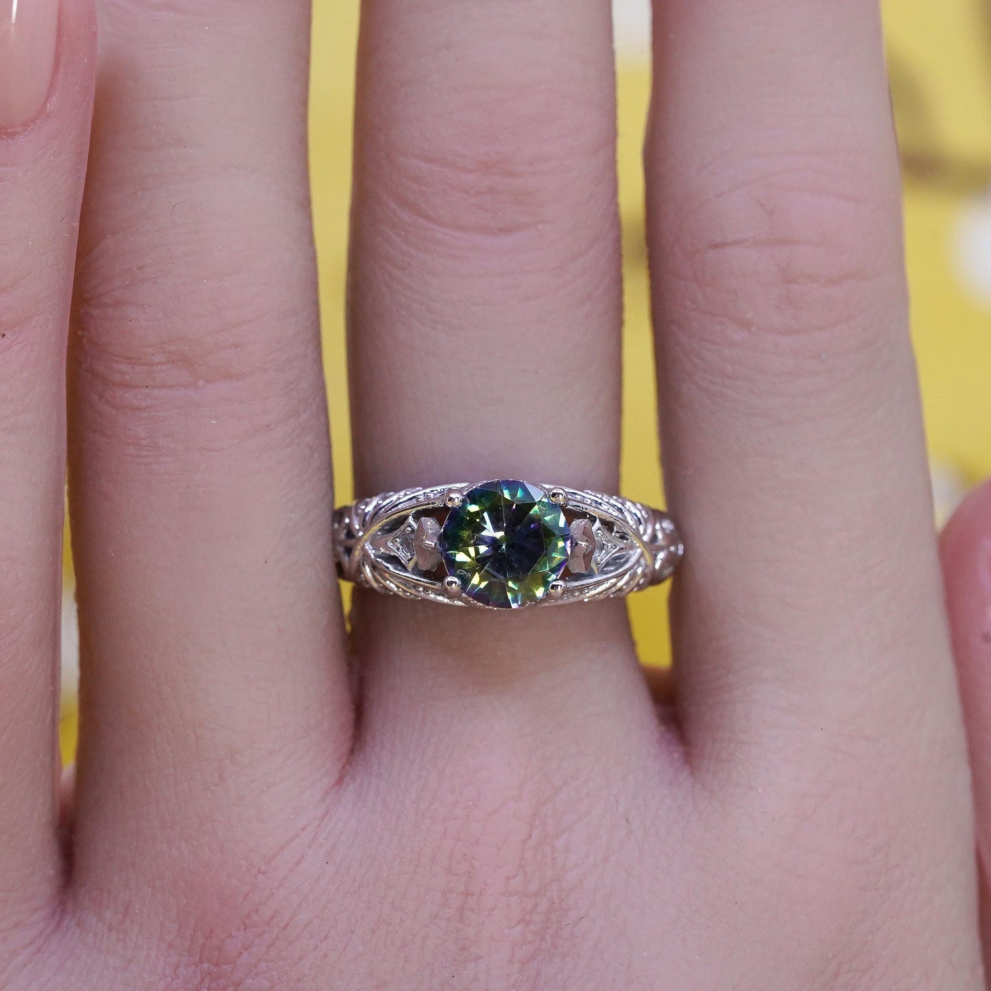 Size 8.25, vintage Sterling 925 silver ring with teardrop rainbow topaz cz