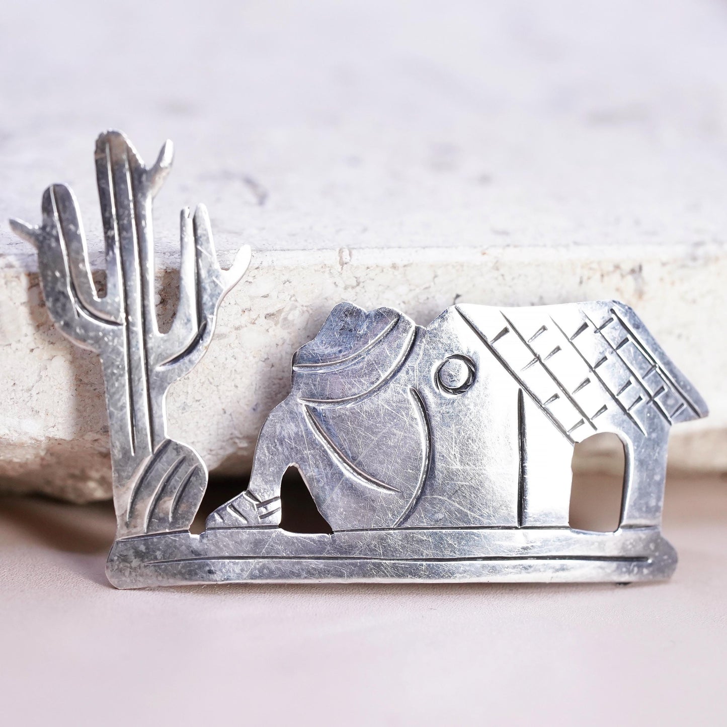 Sterling 980 Silver Horse Brooch, Desert Cactus Pin, Native Animal Jewelry