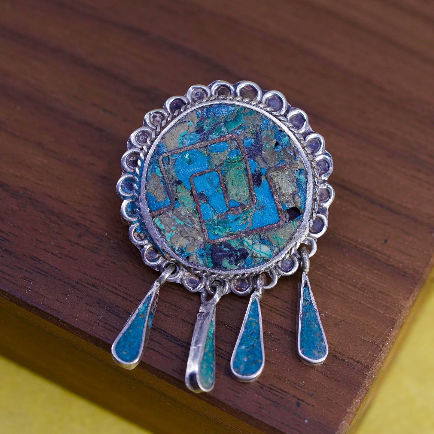 Vintage antique southwestern sterling silver circle pendant brooch turquoise