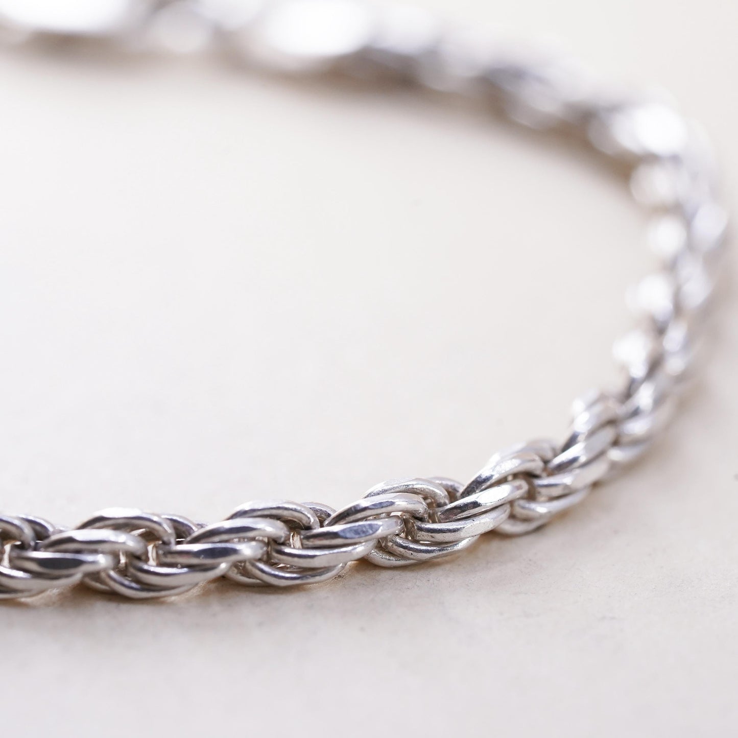 7" 3mm, Vintage Italian sterling 925 silver diamond cut rope chain bracelet