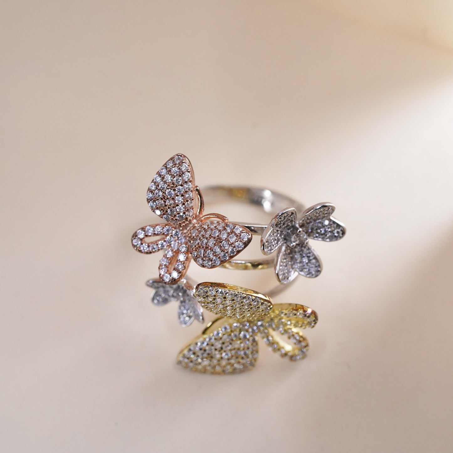Size 9, Vintage sterling silver handmade statement butterfly ring cluster cz