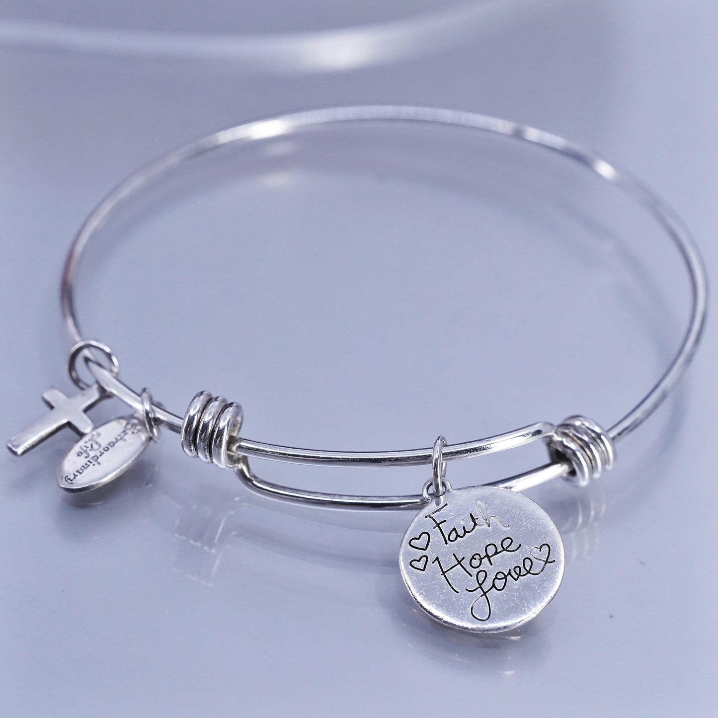 Size adjustable, Sterling 925 silver bracelet, bangle tag charm faith hope love