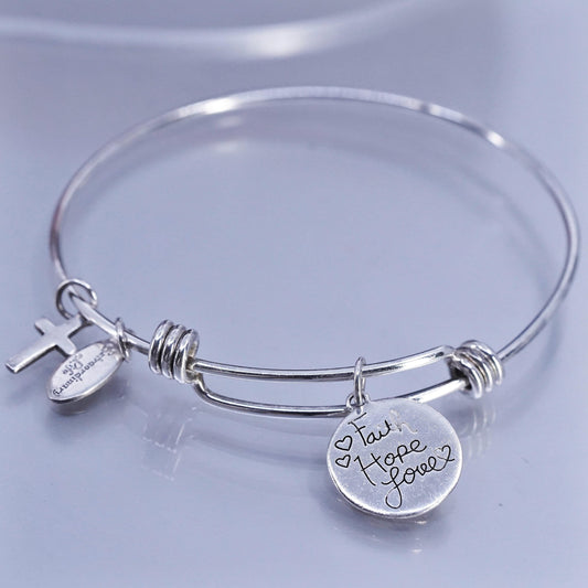 Size adjustable, Sterling 925 silver bracelet, bangle tag charm faith hope love