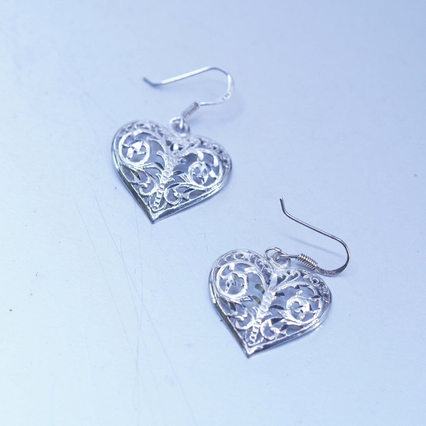 Vintage Sterling 925 silver handmade filigree heart earrings