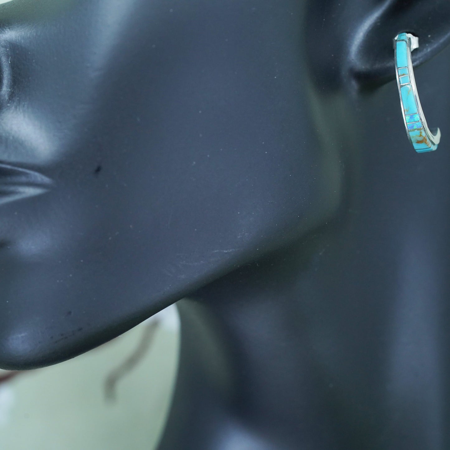 1”, Native American Sterling silver earrings, 925 huggie studs turquoise opal