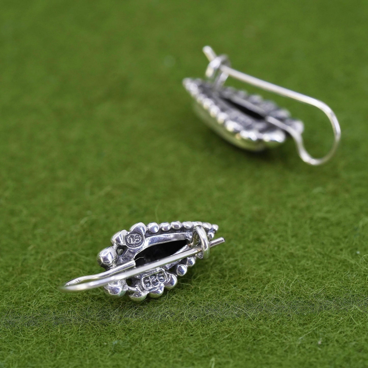 Vintage sterling 925 silver handmade earrings with teardrop onyx and beads
