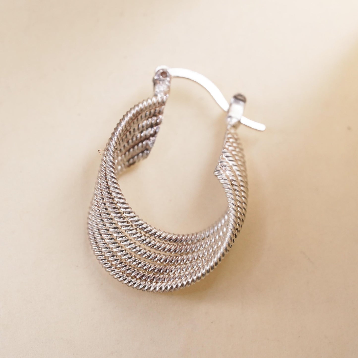 1", Vintage sterling silver loop single earring, ribbed primitive twisted hoop