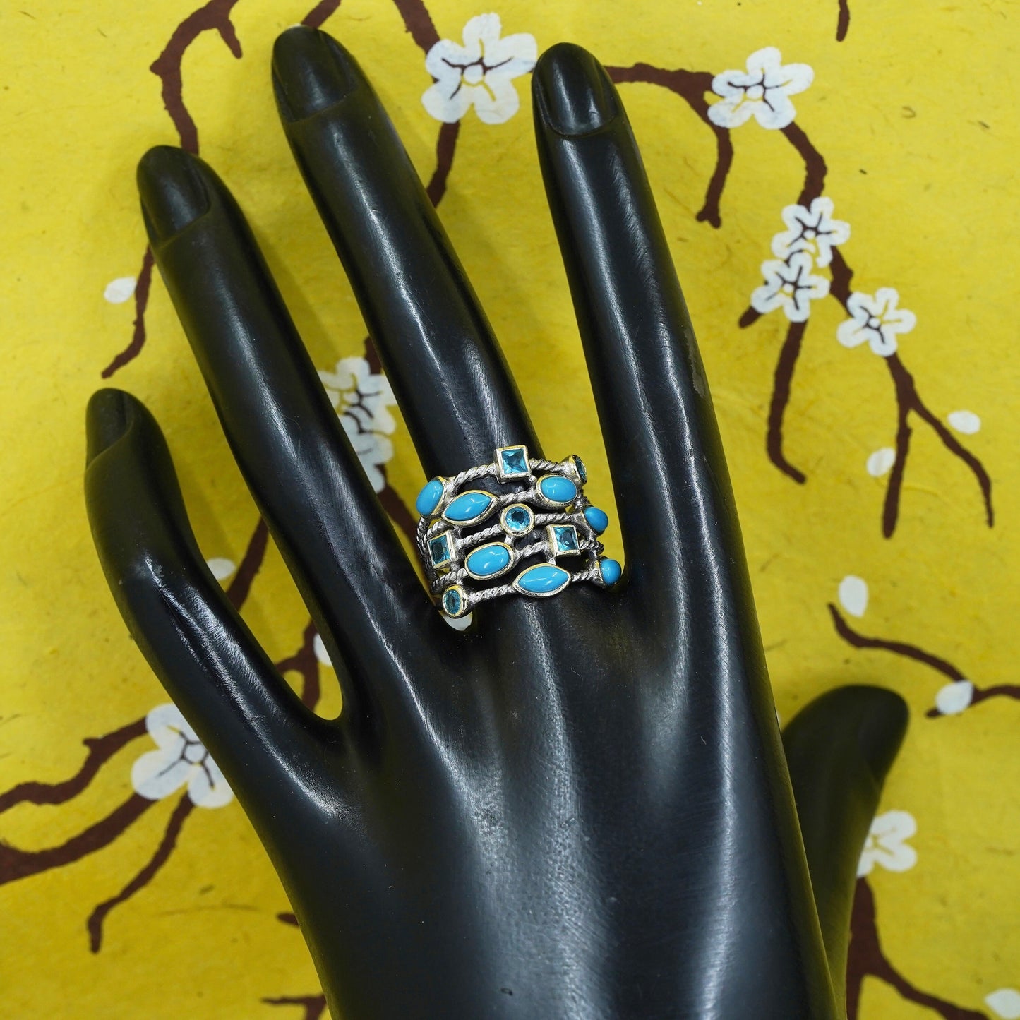 Size 8.5, Native American Sterling silver handmade ring turquoise blue crystal