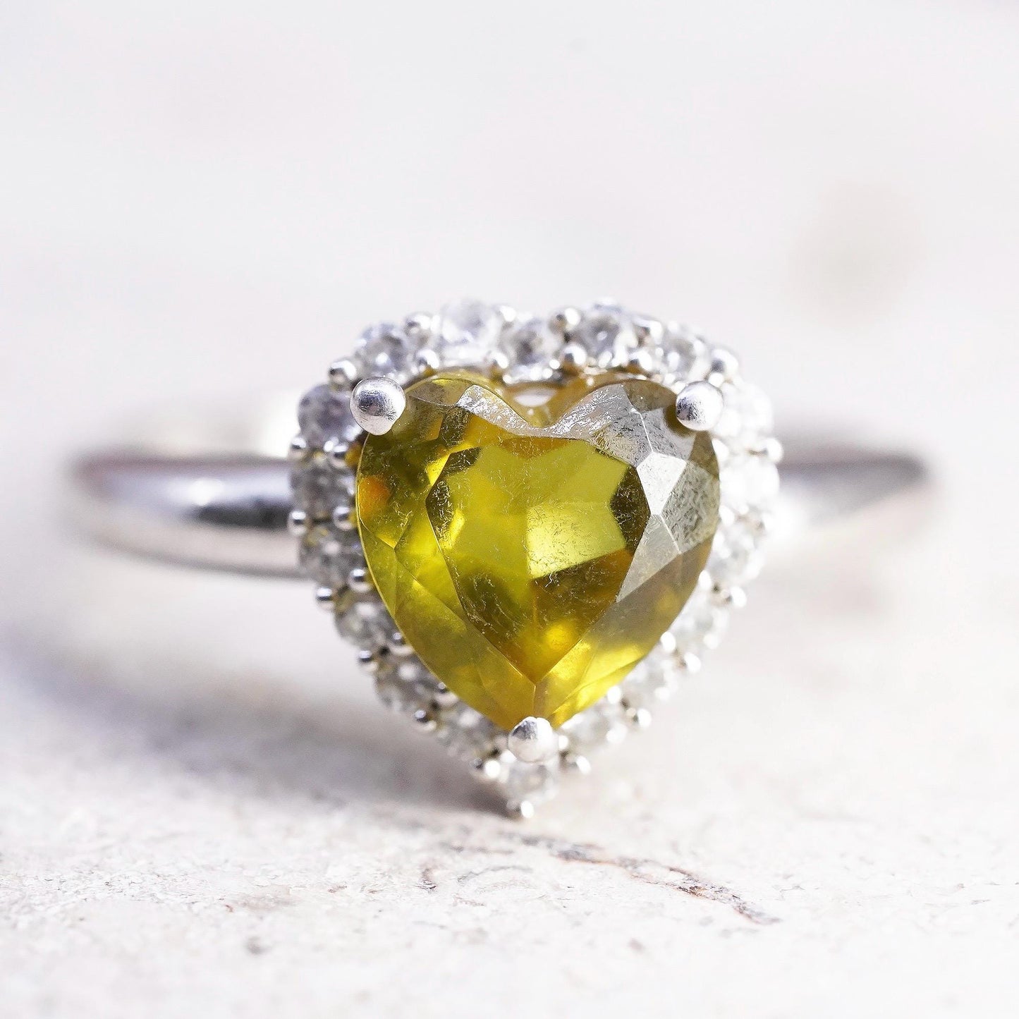 Size 7, VTG 925 Sterling Silver Heart Cut Yellow Citrine Halo Ring, Heart Ring