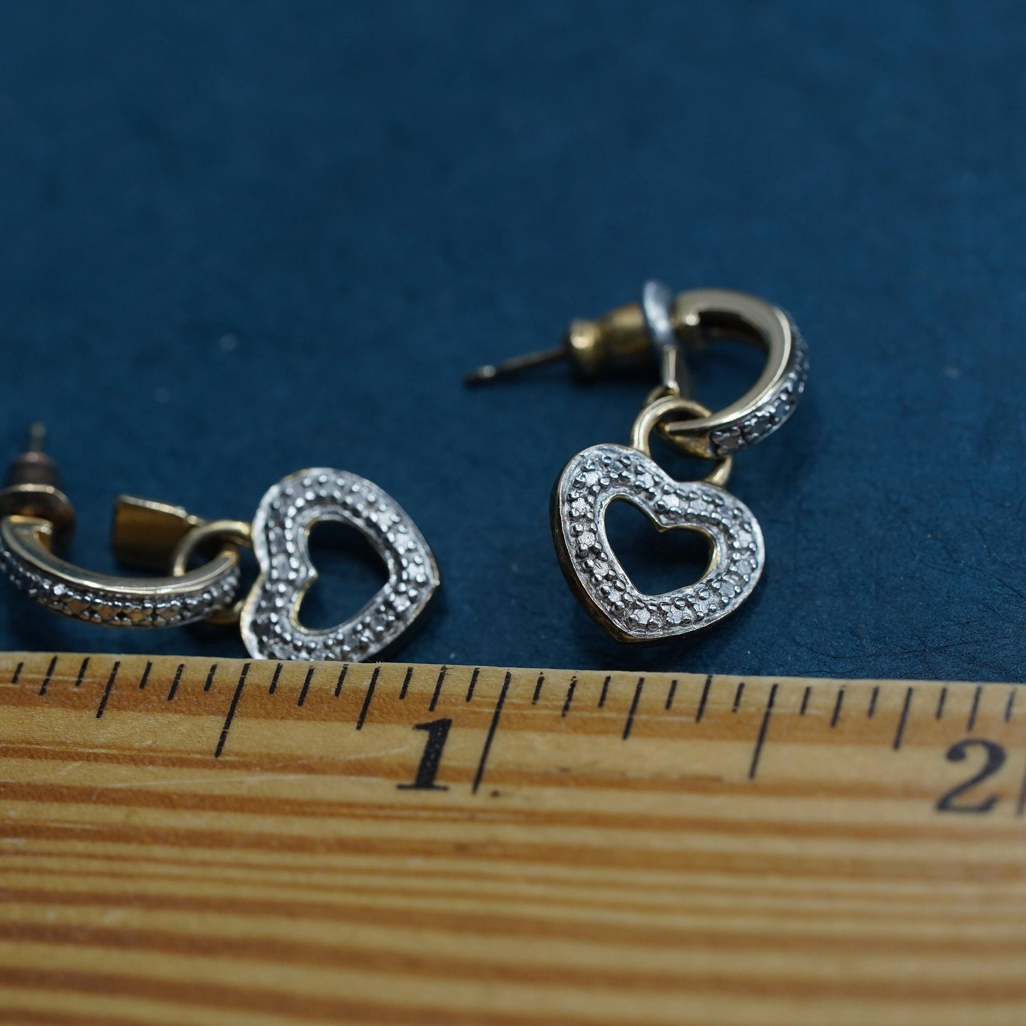 vermeil gold over Sterling silver handmade earrings, 925 heart with diamonds