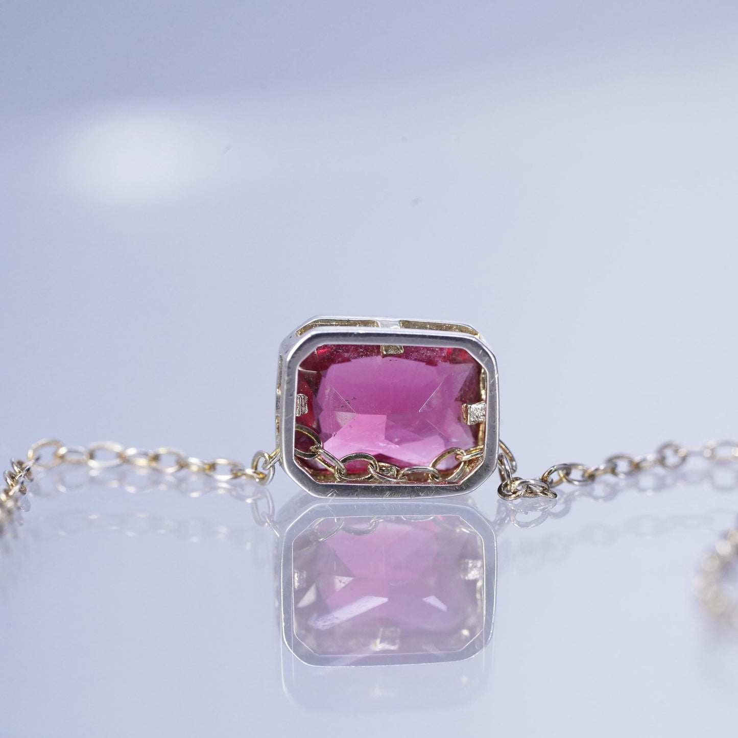 16+2”, vintage Sterling 925 silver flatten circle necklace with pendant pink Cz