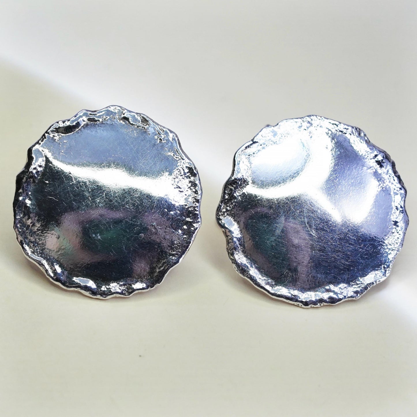 Vintage Rustic Sterling Silver Organic Disc Studs, Artisan 925 Silver Earrings