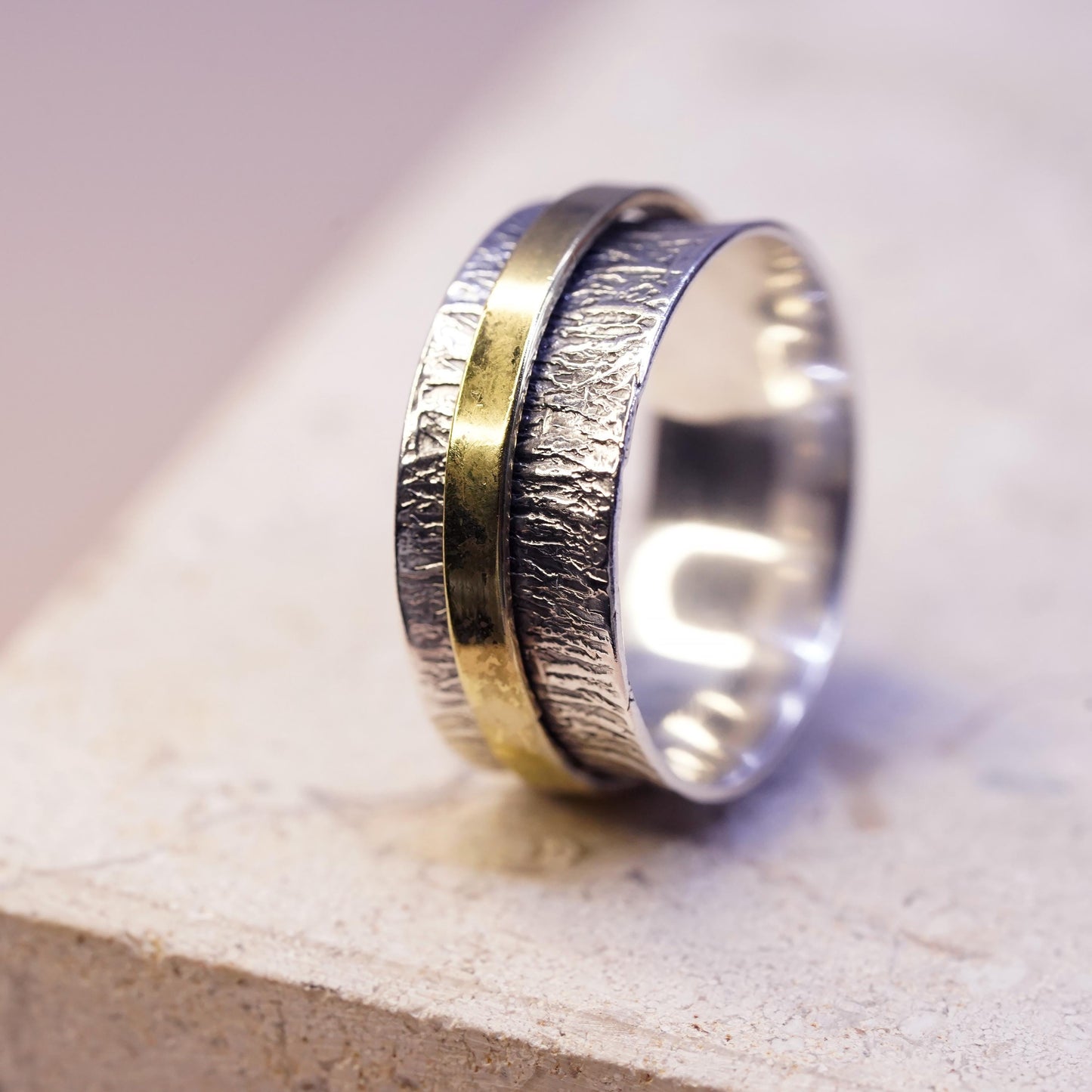 Size 10.25, two tone sterling silver band brass cable textured 925 spinner ring