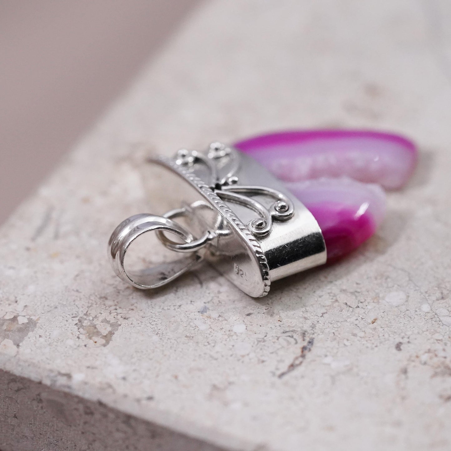 Vintage Sterling 925 silver handmade pendant with druzy pink agate