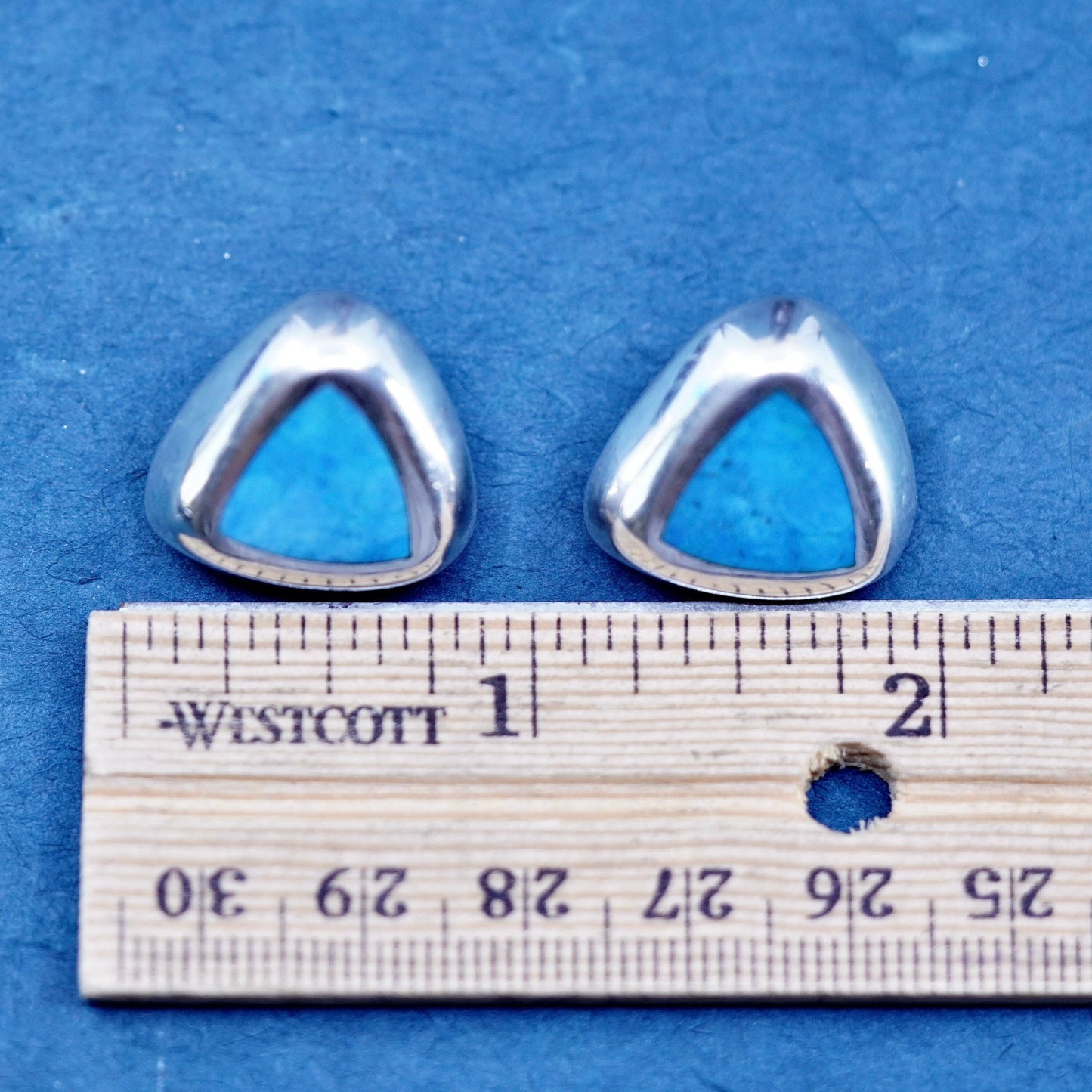 sterling silver handmade earrings, 925 triangular studs with denim lapis lazuli