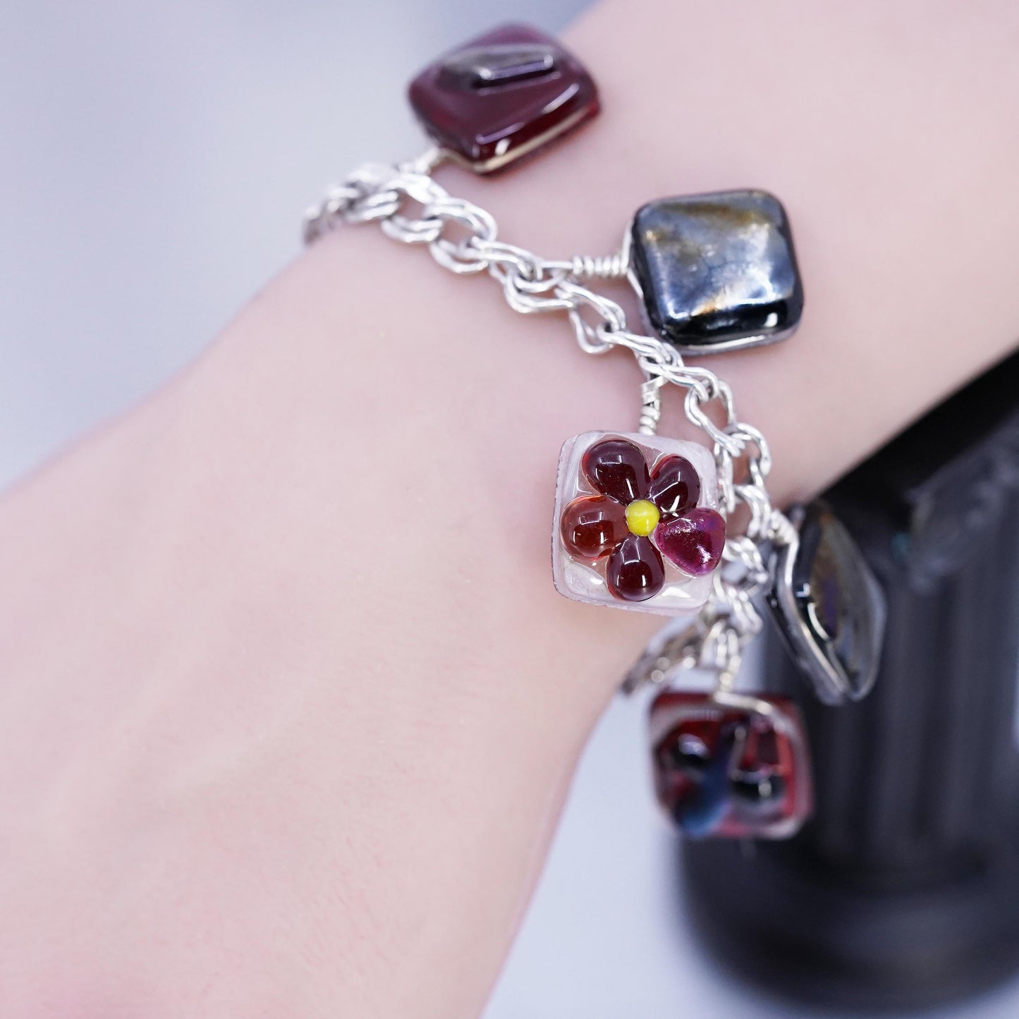 6.5” Italy Sterling 925 silver bracelet, double curb chain glass flower charms
