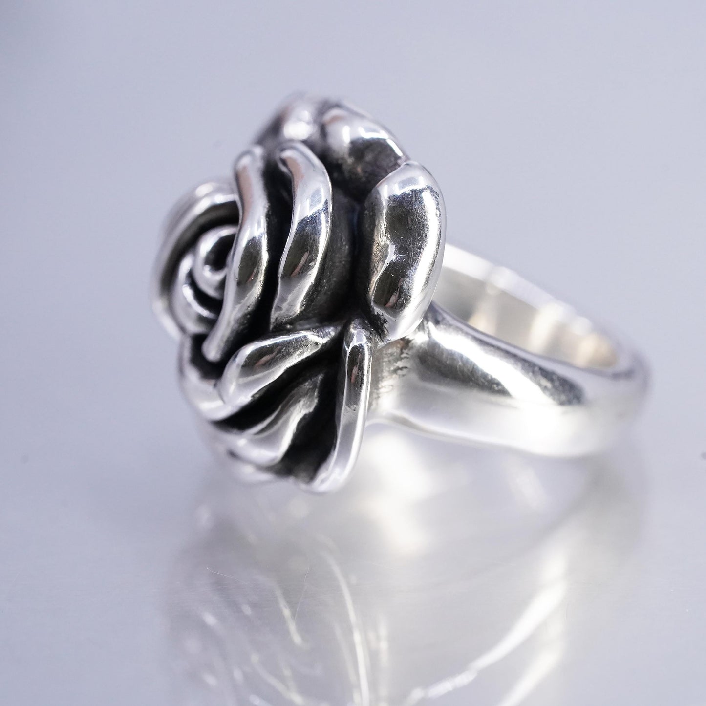 Size 6.5, Vintage Sterling 925 Silver Rose Bud Flower Band Ring