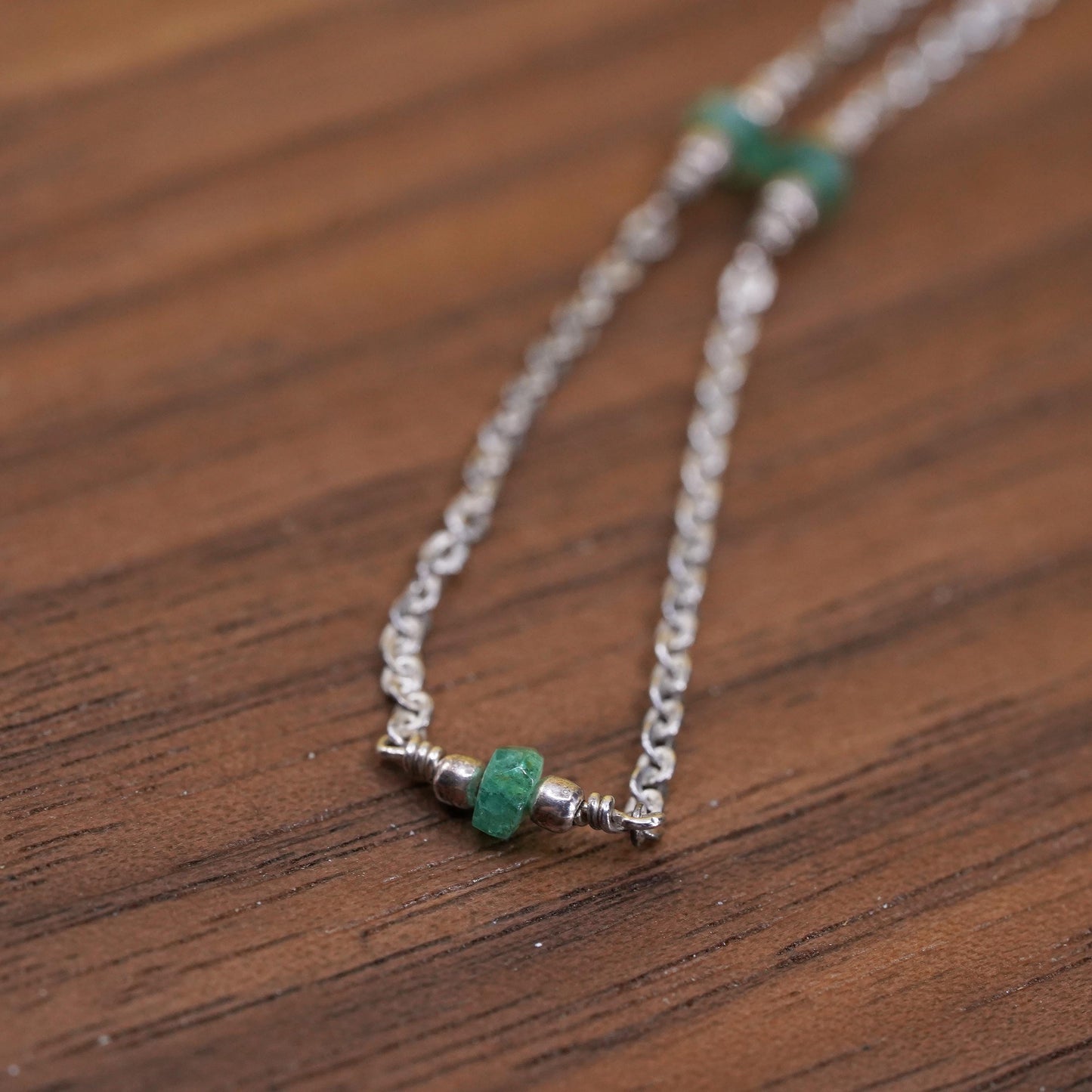 15", vintage Sterling silver circle chain w/ emerald beads, Italy 925 necklace