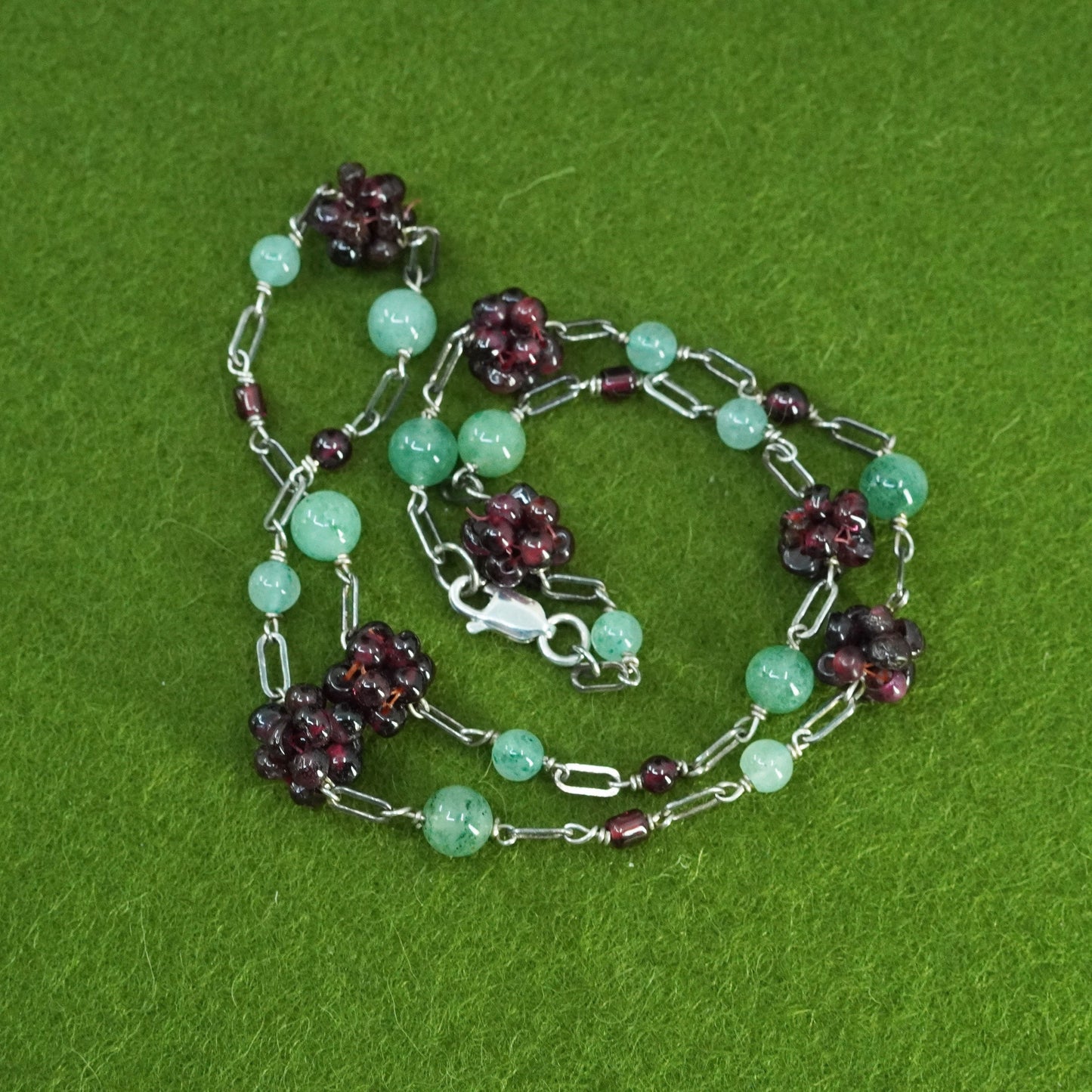 16”, vintage sterling 925 silver handmade necklace with jade garnet beads