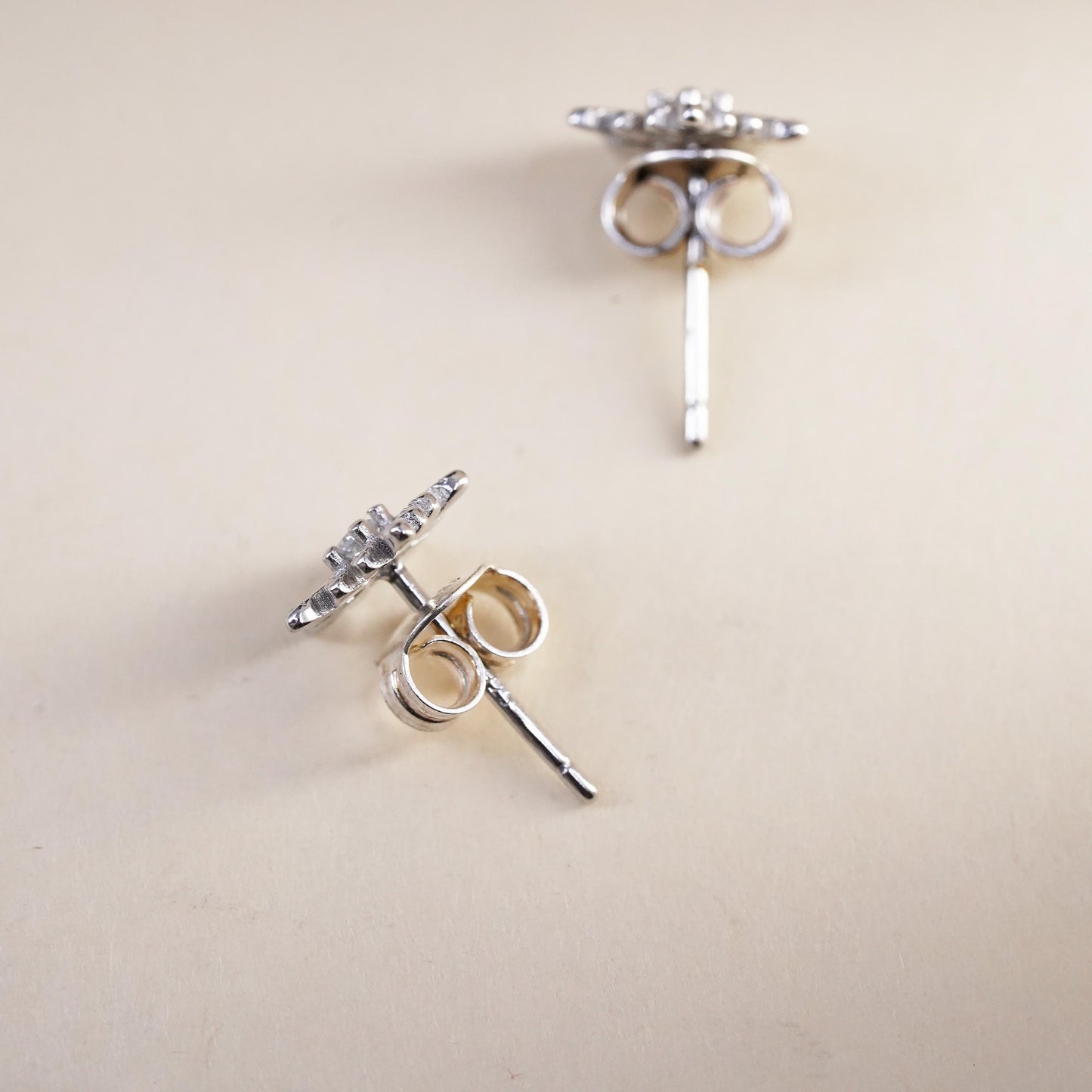 Vintage sterling silver clear crystal earrings, snowflake CZ studs