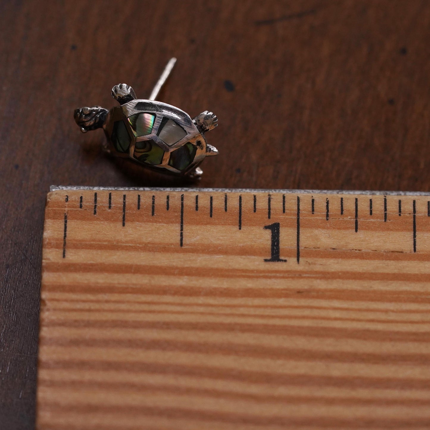 Vintage handmade single earring. Sterling 925 silver turtle stud with abalone