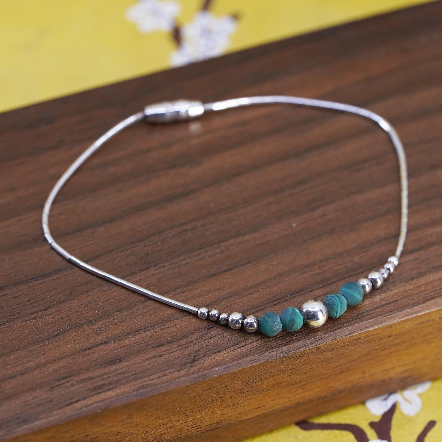 7.25", vintage sterling silver bracelet, liquid 925 Silver with malachite beads