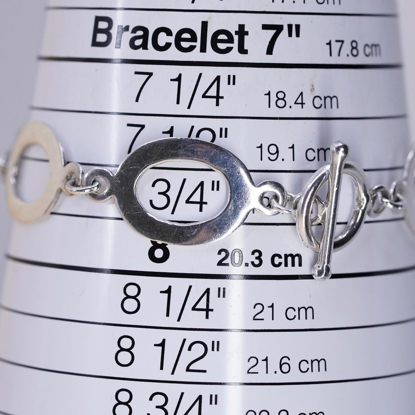 7.75”, VTG Italian sterling silver bracelet, 925 oval chain toggle closure