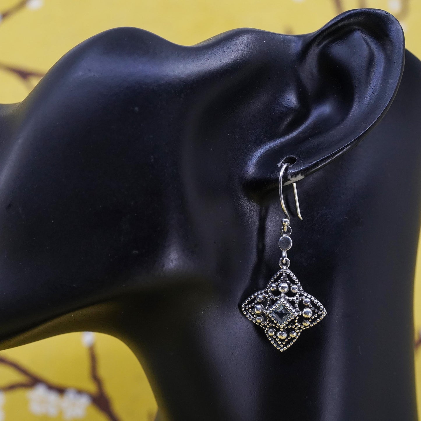 Vintage Sterling silver handmade earrings, 925 beaded dangles with blue topaz