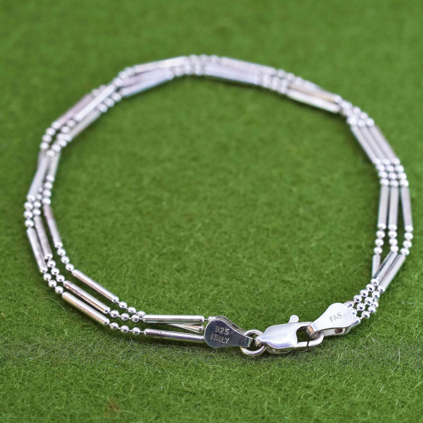 8”, Vintage sterling silver multi strands bracelet, 925 beads with bar chain