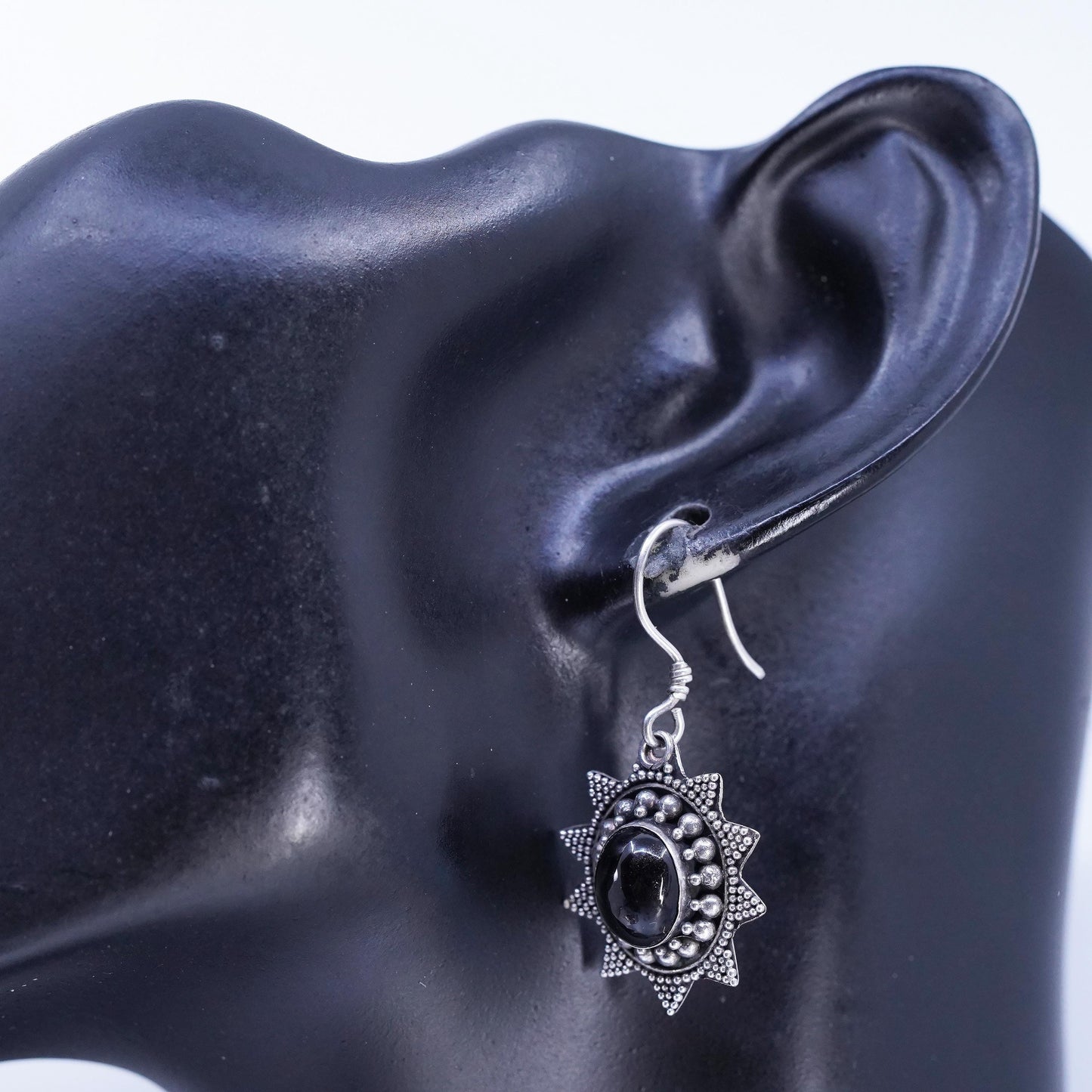 Vintage Sterling 925 silver handmade oval earrings with onyx and beads