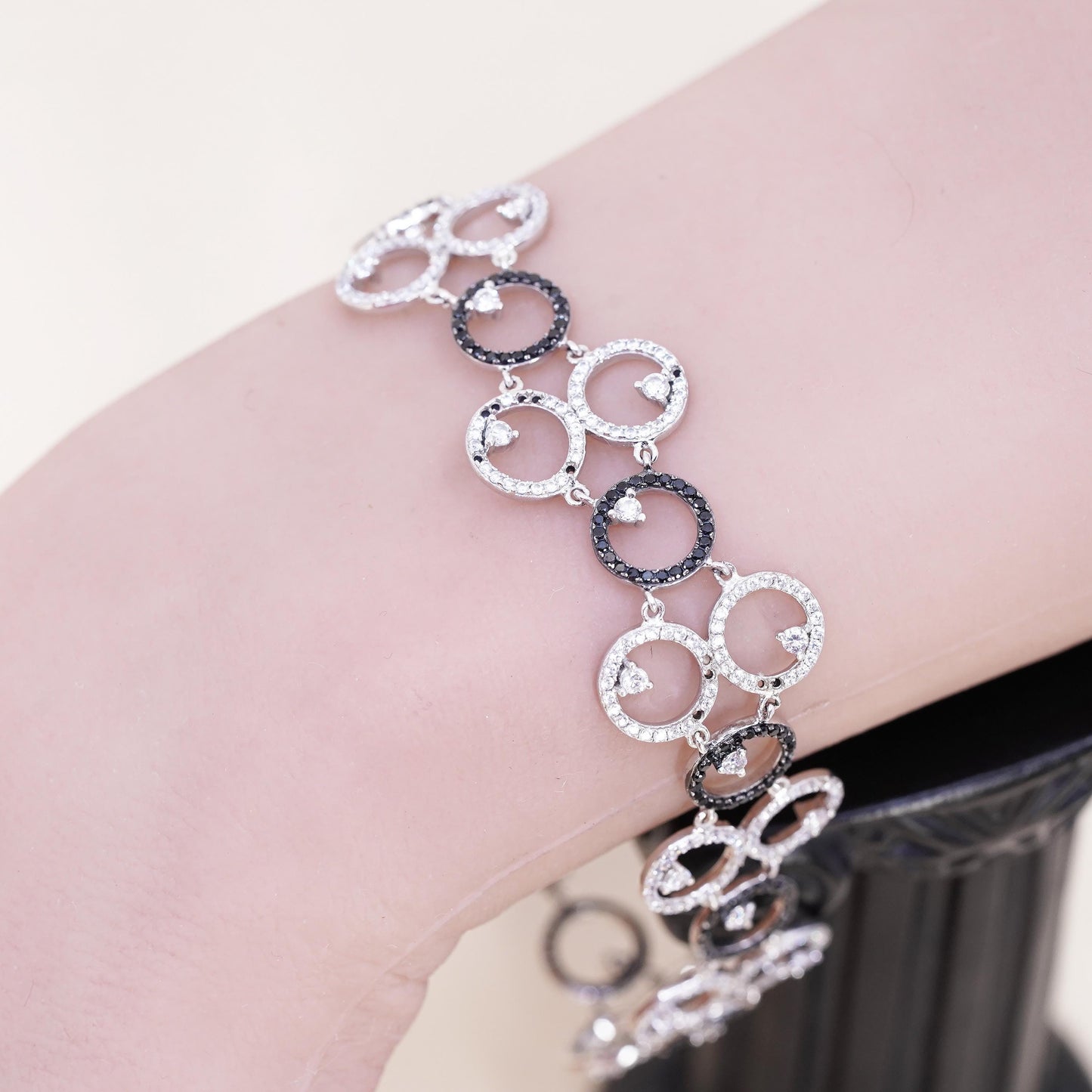 7.75", MISSING CZ, Vintage two tone Sterling 925 silver tennis bracelet with cz