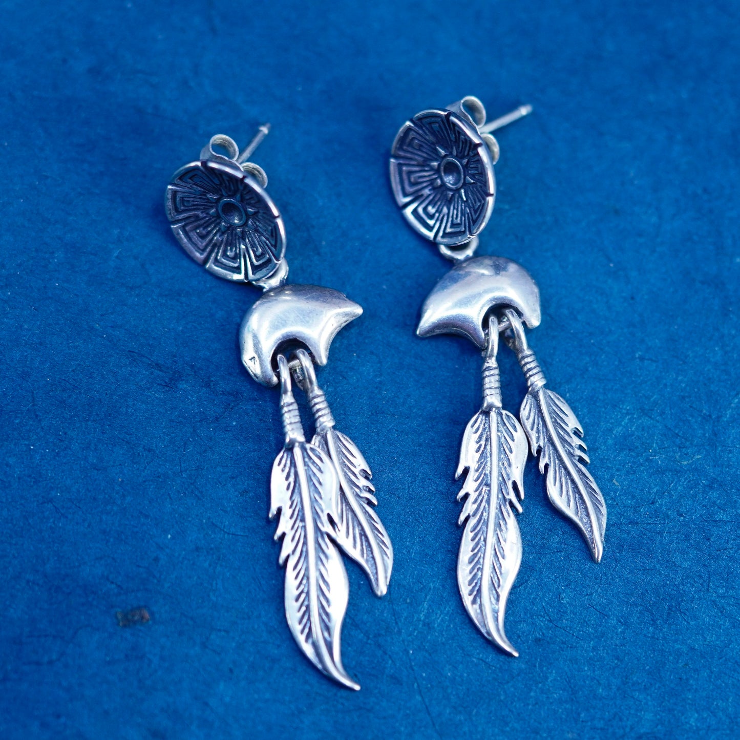 Native American STC sterling 925 silver handmade polar bear w/ feather dangles