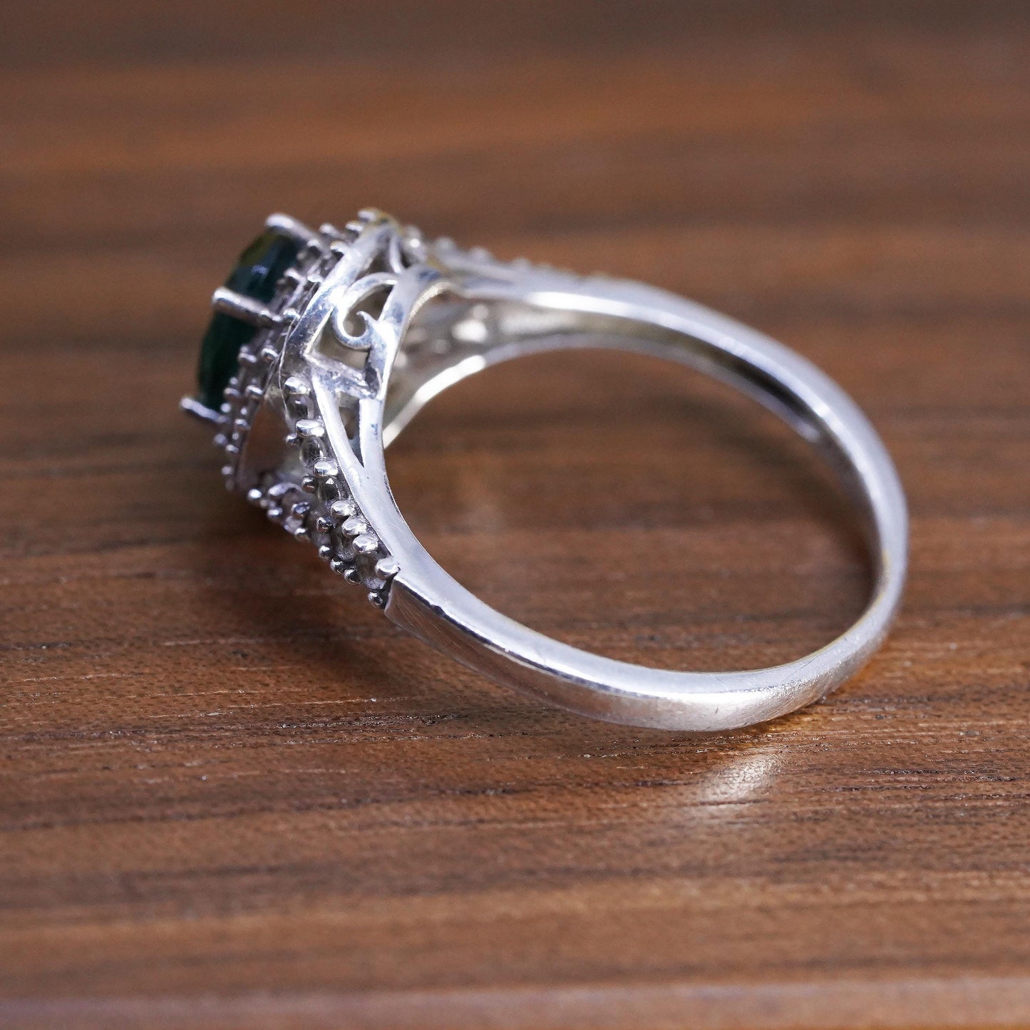Size 9.25, Halo Green Emerald Sterling Silver 925 Split Shank Cocktail Ring