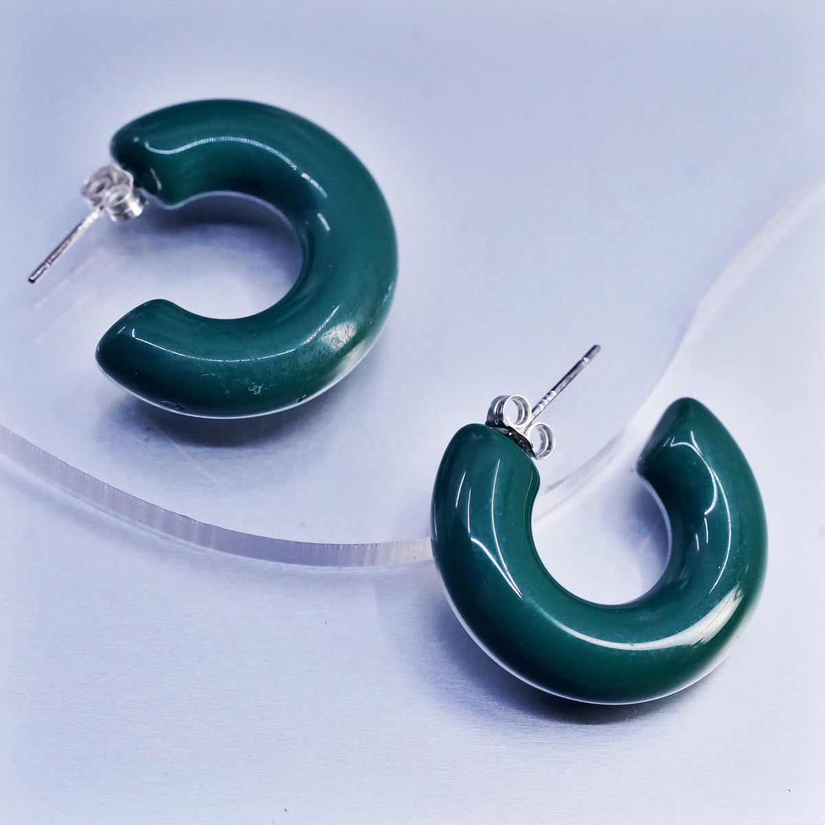Vintage 925 Sterling Silver Handmade Hoop Earrings, huggie studs green resin