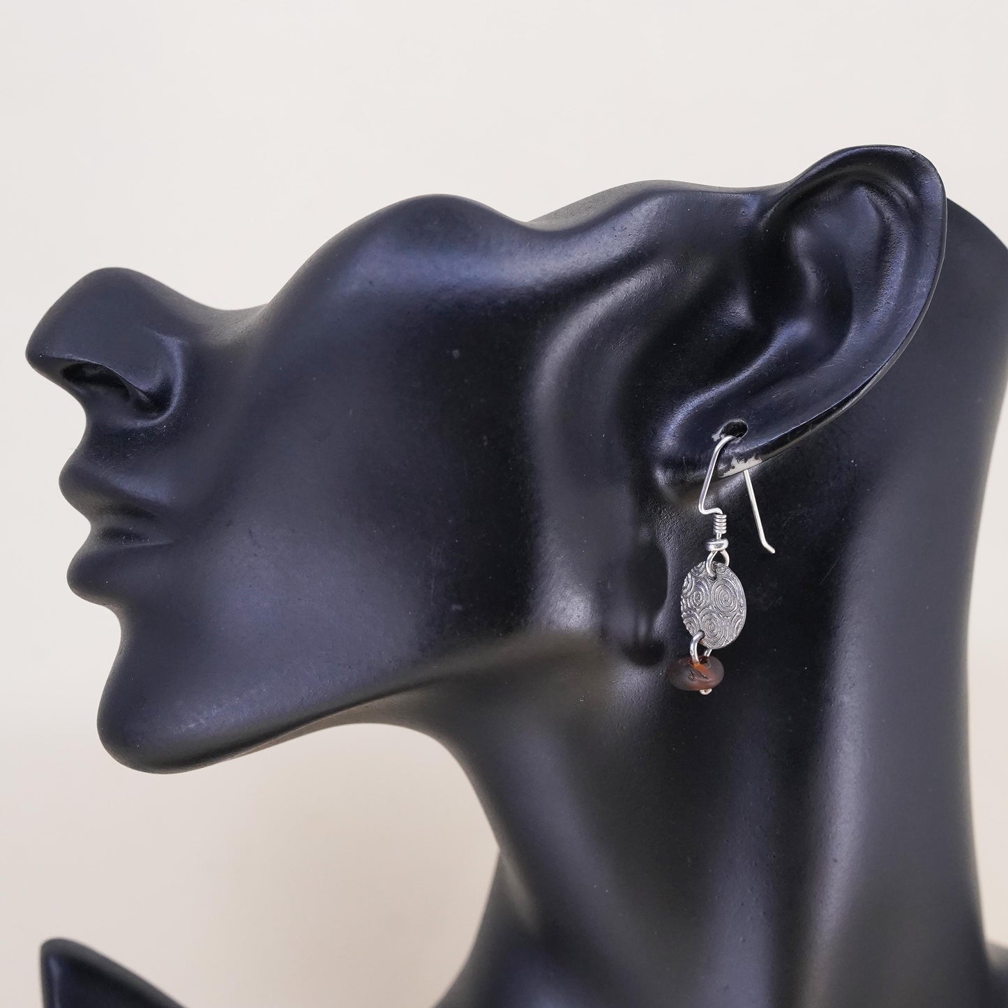 Vintage sterling 925 silver handmade spiral disc earrings with amber bead