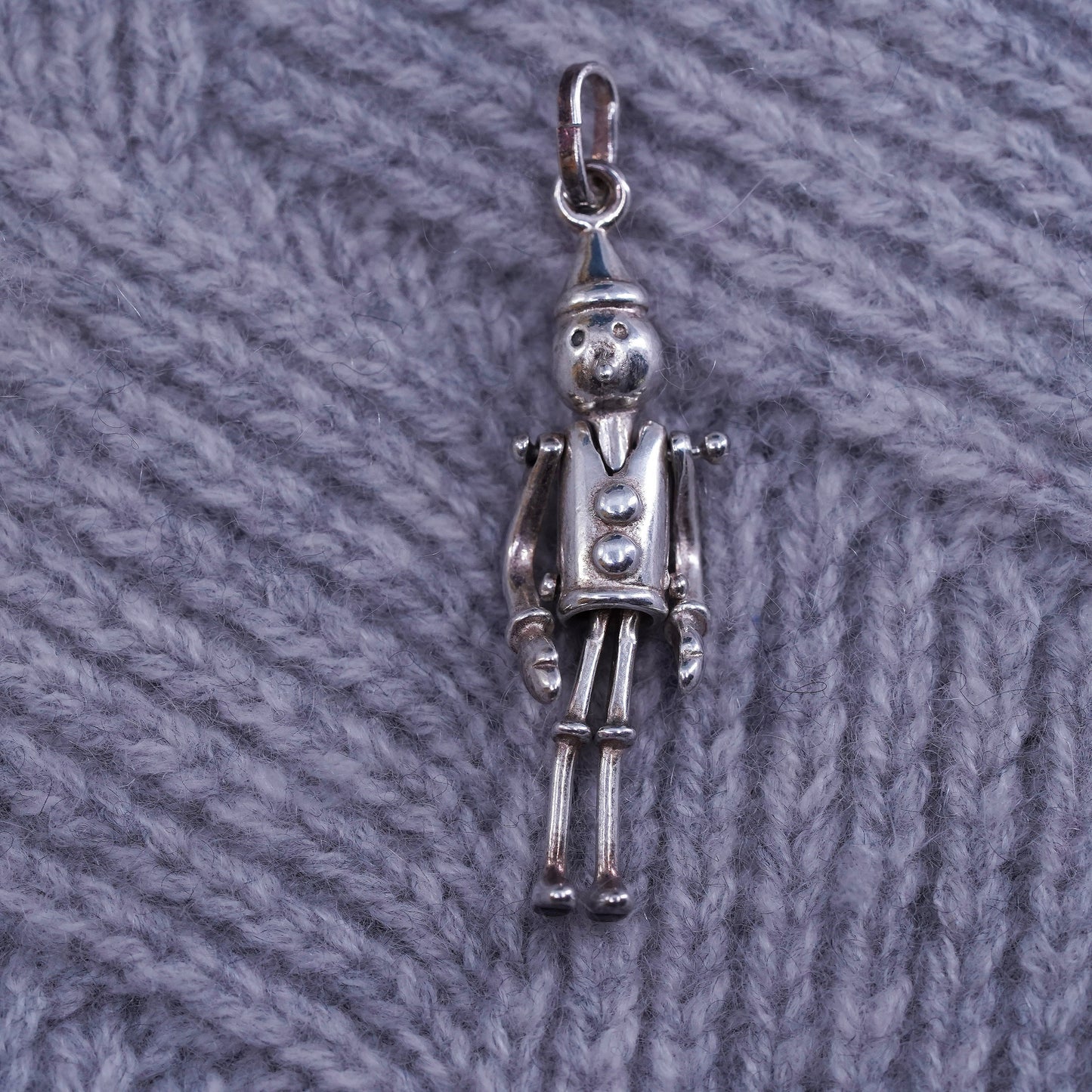 Vintage sterling silver handmade Pinocchio pendant movable joints, 925 charm