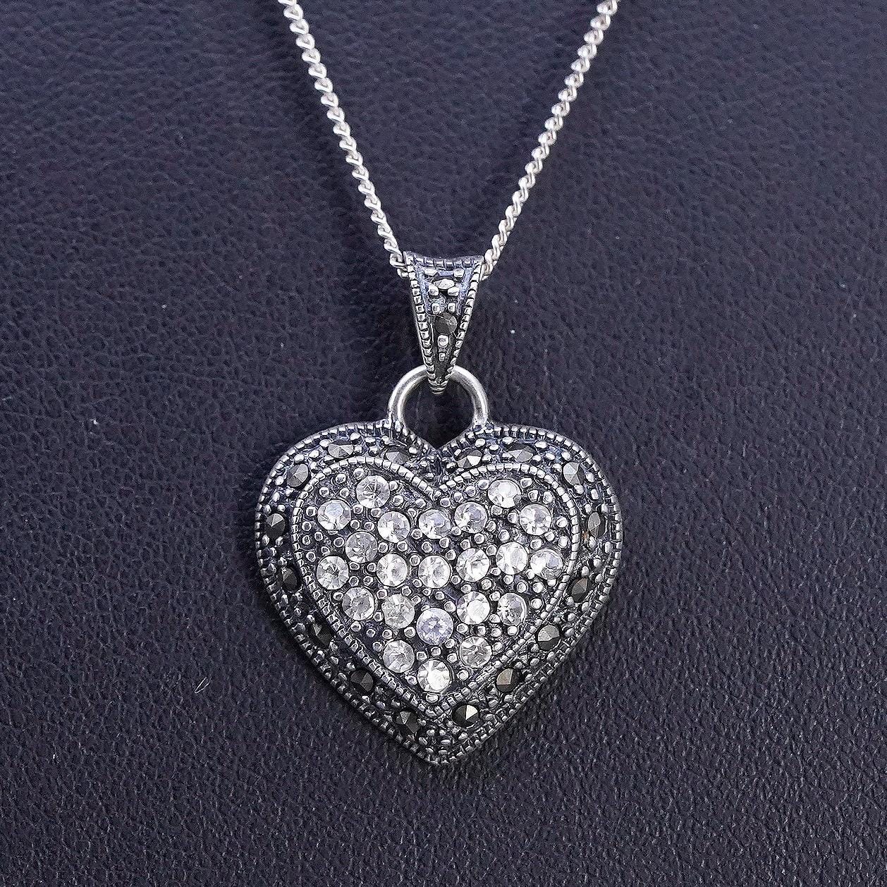 18", VTG Sterling silver necklace, 925 curb chain marcasite cz heart pendant