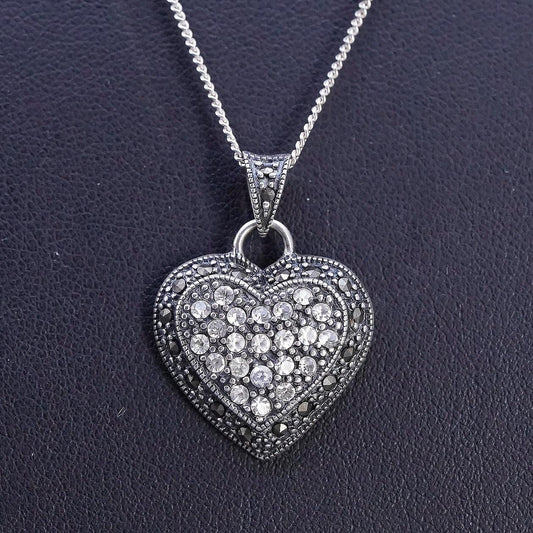 18", VTG Sterling silver necklace, 925 curb chain marcasite cz heart pendant