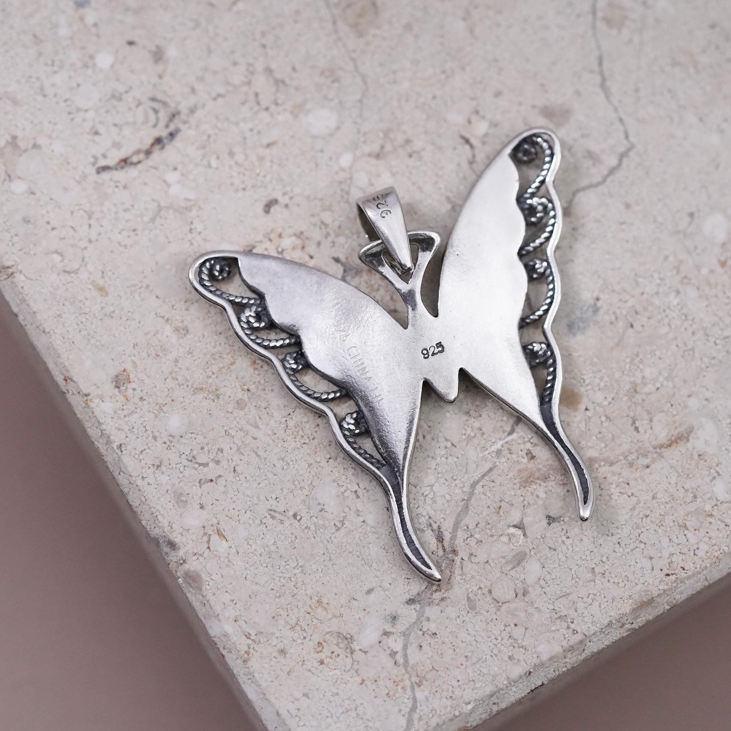 Vintage Sterling 925 silver handmade butterfly pendant with abalone
