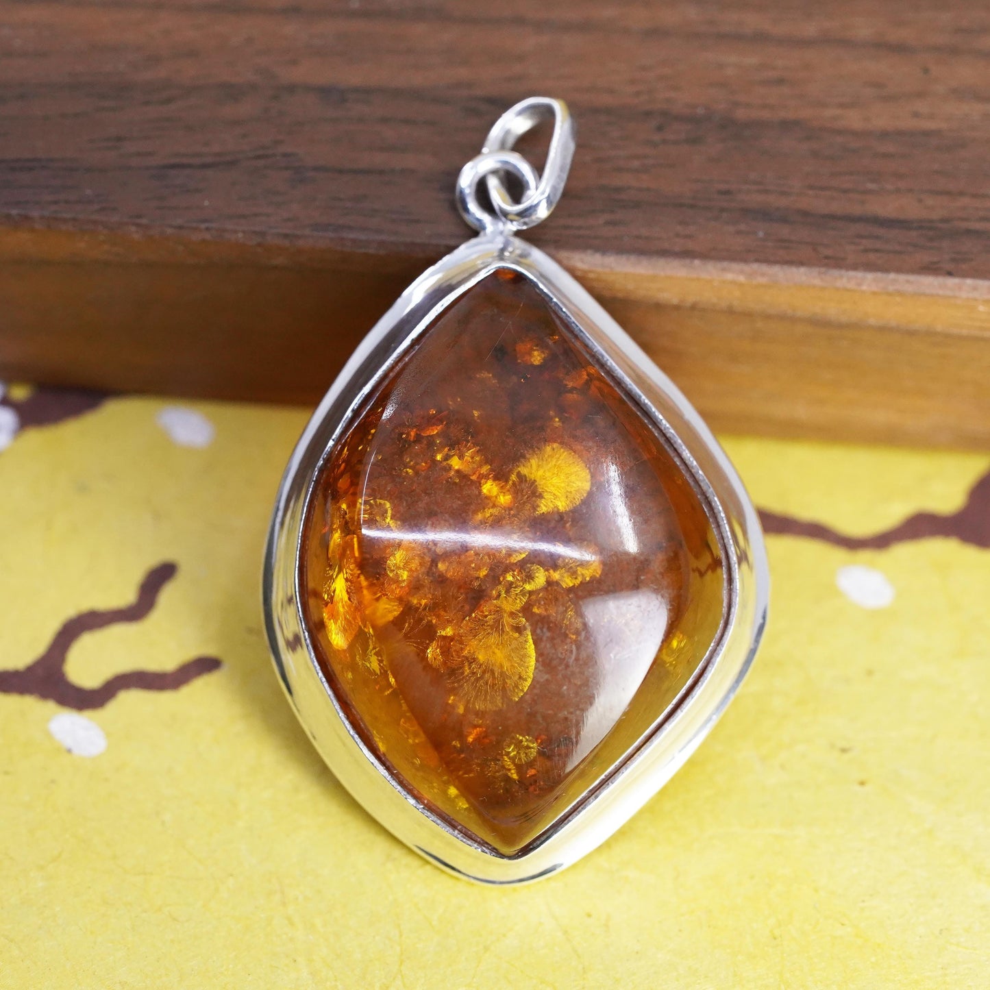 Vintage Sterling 925 silver handmade pendant with amber