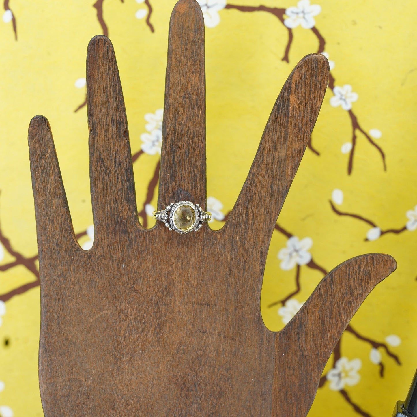 Size 7, vintage Sterling 925 silver handmade statement ring with citrine beads