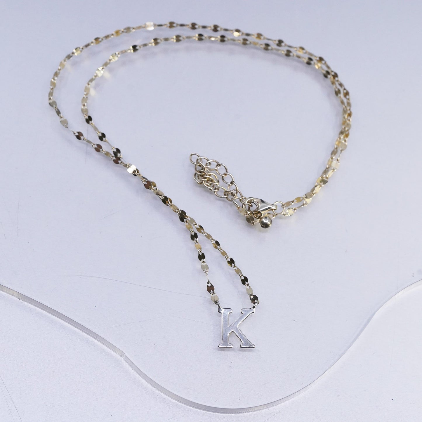 16+2", gold plated Sterling silver necklace, 925 flatten chain letter K pendant
