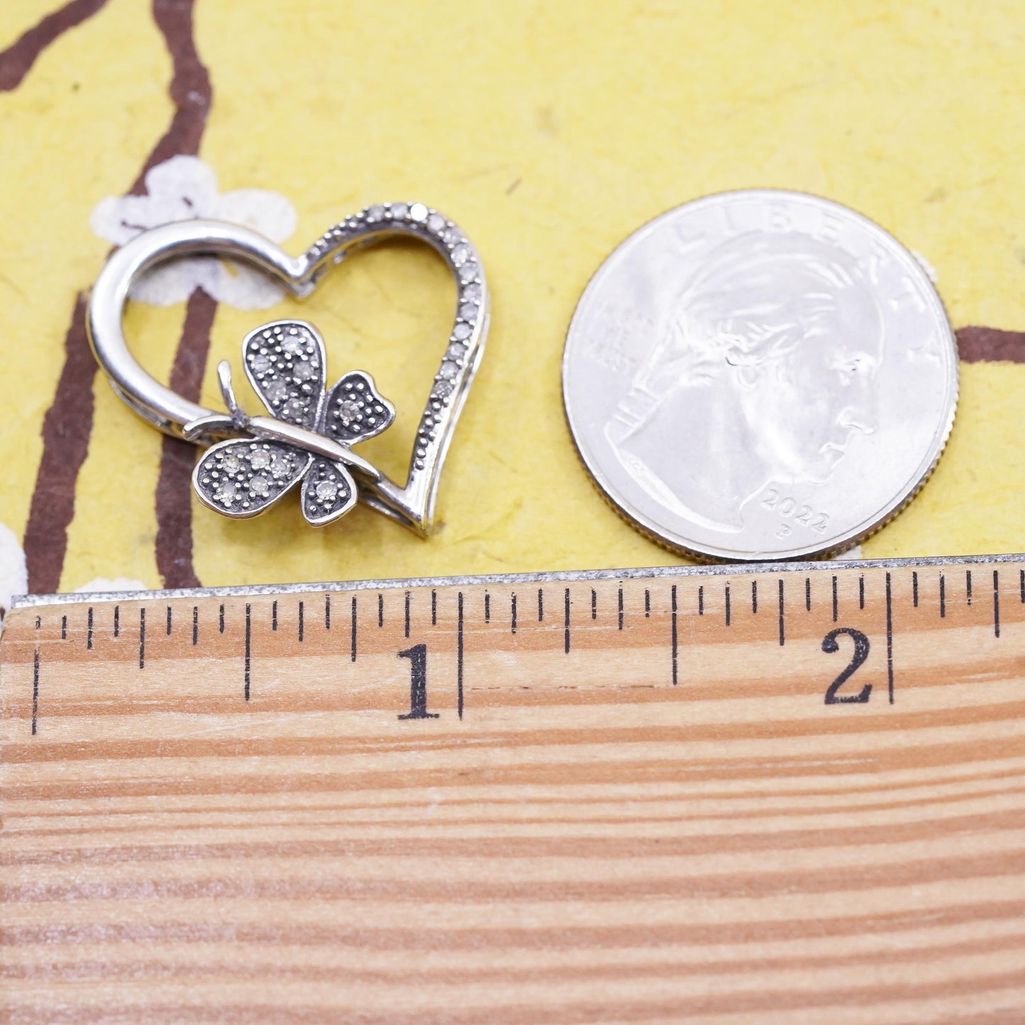 Vintage sterling silver pendant, 925 butterfly heart w/ cluster genuine diamond